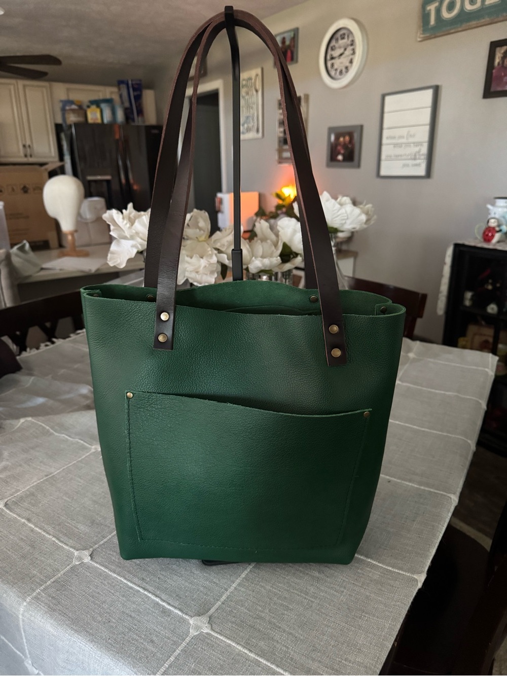 Portland Leather Green Tote with Dark Brown Straps
